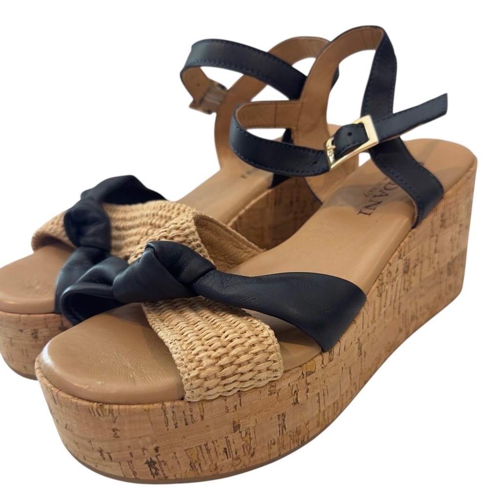 Cordani Womens Black Leather Raffia Cork Platform Wedge Sandals Made in Italy 39